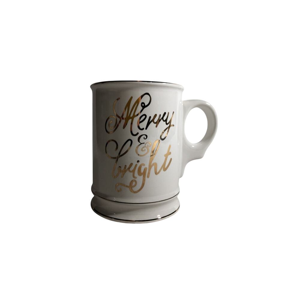 Merry & Bright Mug Mudpie White & Shiny Gold Large Coffee Cup Christmas Holidays